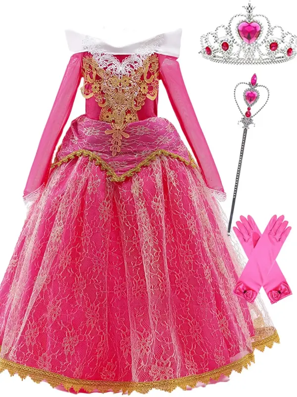 Girl's Colorblock Contrast Lace Appliques Dress & All Accessories, Elegant Princess Party Dress for Birthday Wedding Flower G...