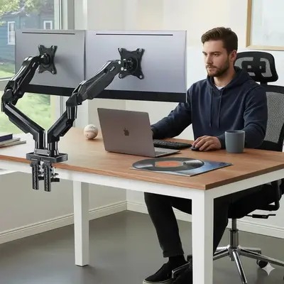 HUANUO Dual/Single Monitor Stand - Grommet Mounting Base for 13''-32'' Screens - Each Arm Holds 4.4 to 19.8lbs-Full Adjustabl...