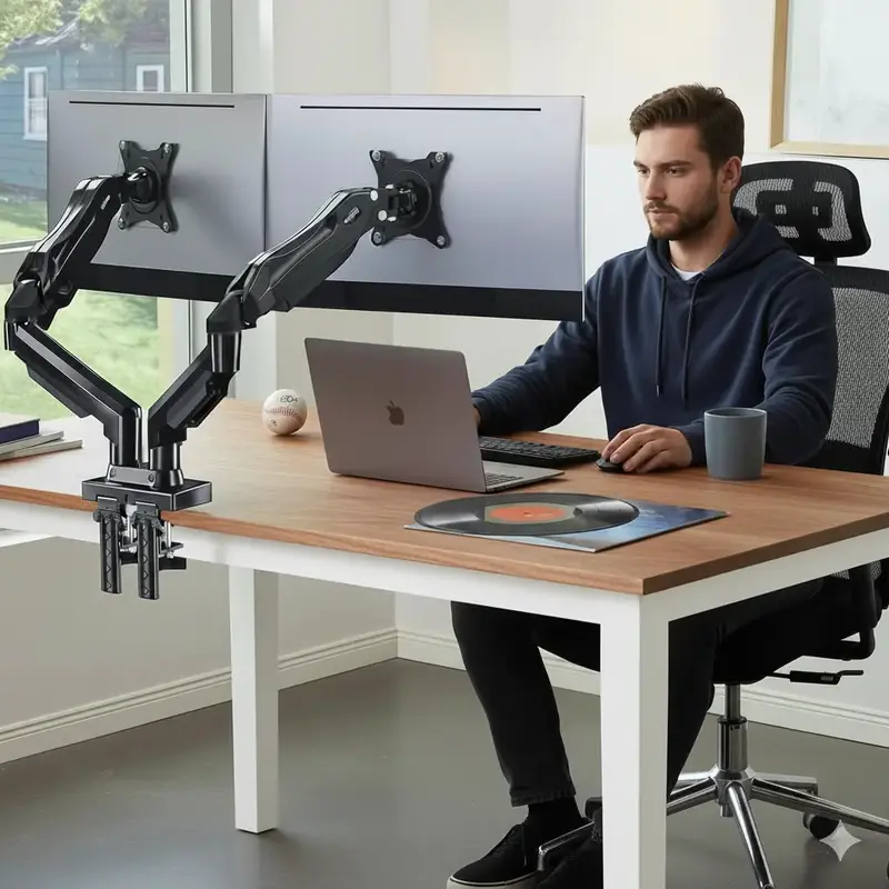 HUANUO Dual/Single Monitor Stand - Grommet Mounting Base for 13''-32'' Screens - Each Arm Holds 4.4 to 19.8lbs-Full Adjustabl...