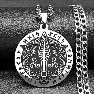 304 Stainless Steel Odin Rune Raven Arrowhead Pendant Twisted Chain Necklaces for Men