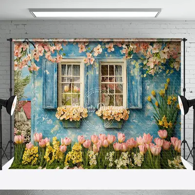 Aperturee Blue Rural Garden House Spring Floral Scene Backdrop | Diy Spring Photo Backdrop | Spring Themed Backdrop | Spring ...