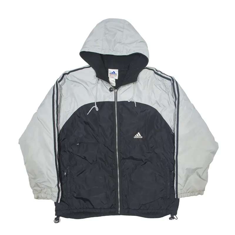 ADIDAS Fleece Lined Insulated Coach Jacket Black Nylon 90s Colourblock Mens L