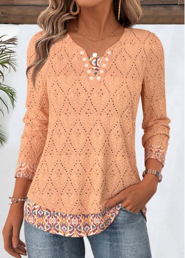 Modlily Orange Tribal Print Long Sleeve Split Neck T Shirt - XXL