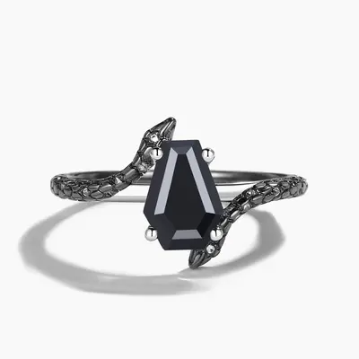 Coffin Cut Natural Black Onyx Solitaire Gothic Snake Wedding Ring for Women