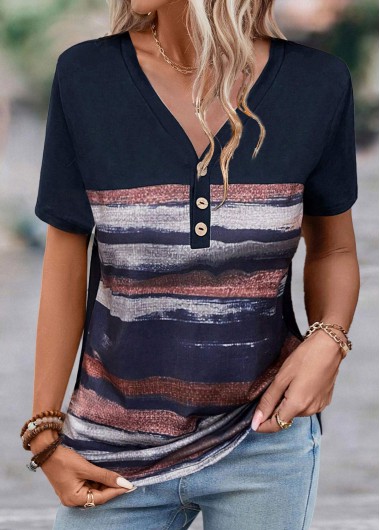 Modlily Navy Button Striped Short Sleeve T Shirt - XXL