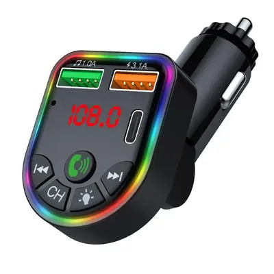 Car Wireless FM Transmitter, Multifunctional USB Type-C Car Charger With LED Ambient Light, Hands-free Car Music MP3 Player K...