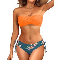 Women's Strapless Bandeau Bikini Set - Twist Front Two Piece Swimsuit Top with Side Tie Bathing Suit Bottom