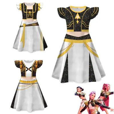 Girls KPOP Demon Hunter Huntrix Role Printed Sleeve Dress,Rumi Mira Zoey Character Design Outfits Casual Fit for Kids 4-14 Ye...