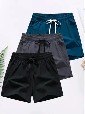 Men's 3pcs Letter Print Drawstring Waist Shorts, Casual Regular Fit Pocket Split Hem Shorts for Summer, Men's Bottoms for Dai...