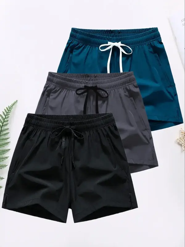 Men's 3pcs Letter Print Drawstring Waist Shorts, Casual Regular Fit Pocket Split Hem Shorts for Summer, Men's Bottoms for Dai...