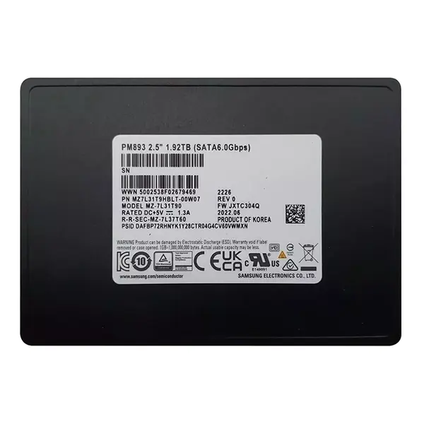 MZ7L31T9HBLT-00W07 Samsung Enterprise PM893 Series 1.92TB Triple-Level Cell SATA 6GB/s V-NAND 7mm 2.5-Inch Solid State Drive