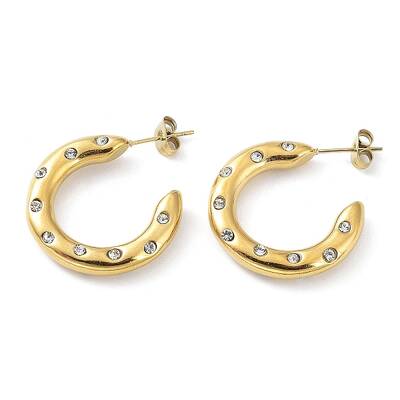 Real 18K Gold Plated 304 Stainless Steel Ring Stud Earrings with Rhinestone
