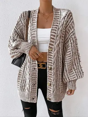 Women's Textured Lantern Sleeve Button Front Cardigan, Elegant Casual V Neck Long Sleeve Cardigan, Ladies Knitwear for Fall &...