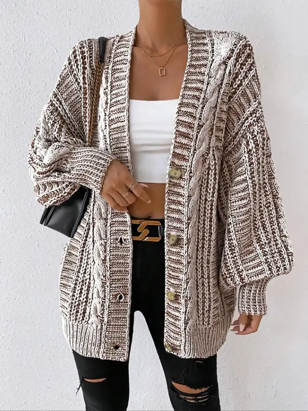 Women's Textured Lantern Sleeve Button Front Cardigan, Elegant Casual V Neck Long Sleeve Cardigan, Ladies Knitwear for Fall &...