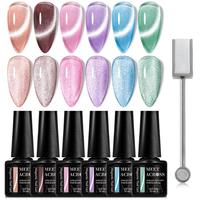 Glitter Cat Eye Gel Nail Polish Set, 6 Counts Sparkling Nail Varnish with 1 Magnetic Stick, Glossy Finish Soak Off UV LED Nai...