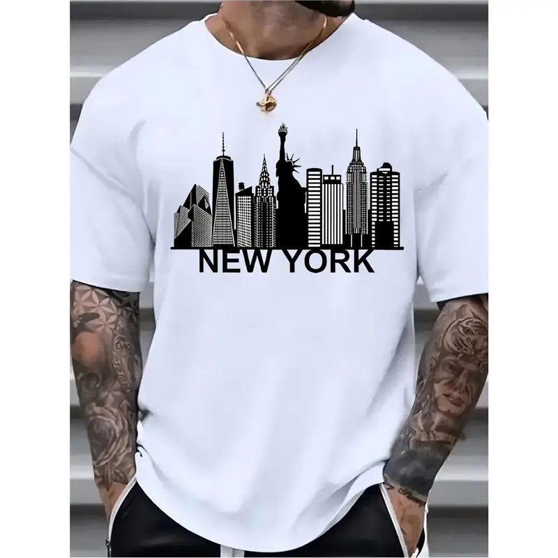 New York Cityscape Print Men's Cotton T-Shirt - Casual crew neck, short sleeves, breathable machine washable - White