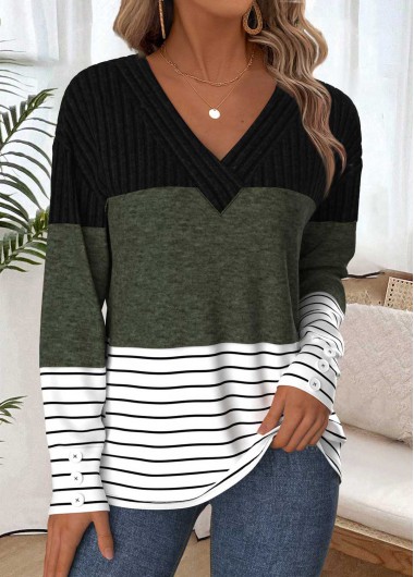 Modlily Olive Green Tummy Coverage Striped Long Sleeve T Shirt - L