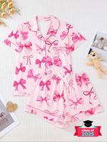 Women's Cartoon Bow Print Short Sleeve Top & Elastic Waist Shorts Pyjama Two-piece Set, Cute Casual Comfy Round Neck Top & S...