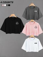 Unisex's Headphone Print Round Neck Tee, Casual Short Sleeve Crew Neck T-shirt for Daily Wear, Ladies Clothes for All Seasons