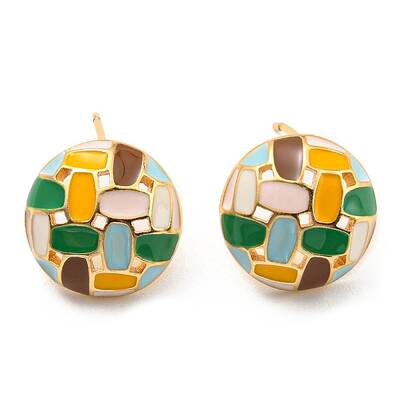 Real 18K Gold Plated Brass Flat Round Stud Earrings with Enamel