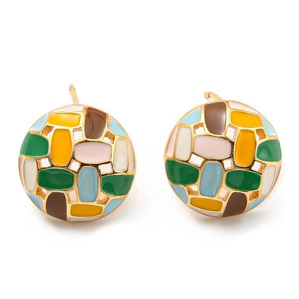 Real 18K Gold Plated Brass Flat Round Stud Earrings with Enamel