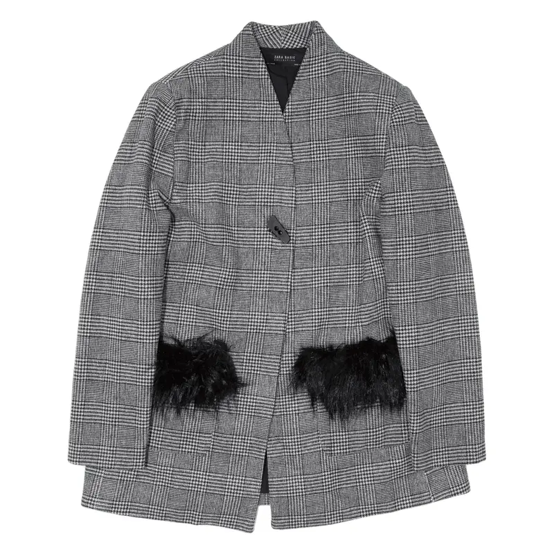 ZARA Basic Jacket Grey Wool Plaid Womens L
