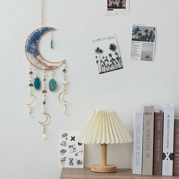 Moon Natural Quartz Crystal & Agate Woven Net Suncatchers