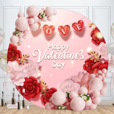 Aperturee Red And Pink Floral Round Valentines Day Backdrop