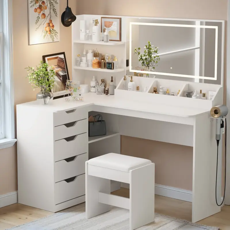 HOMALL L Shaped Vanity Desk Set Corner Makeup Vanity Set with Adjustable LED Lighted Mirror & Power Outlets Dressing Table wi...