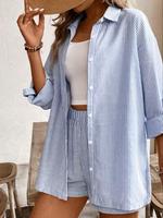 Women's Striped Shirt & Shorts Two-piece Set, Casual Button Front Top & Shorts Set for Daily Wear, Ladies Summer Clothes, Wom...