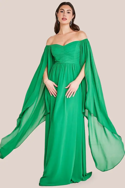 Goddiva Chiffon Off The Shoulder Maxi With Cape Sleeves - Green