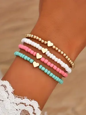 2024 Summer Women's Fashion Heart Decor Beaded Bracelet, Casual Trendy Beaded Gypsy Bracelet , Fashion Accessories for Daily ...