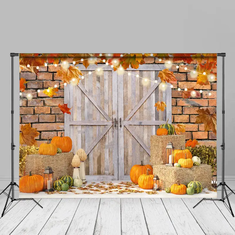 Wood Door Pumpkin Maple Leaves Light Autumn Backdrop - Aperturee