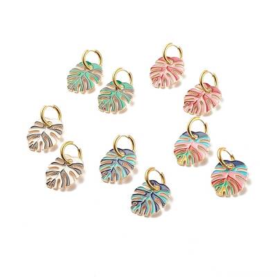 Monstera Leaf Enamel Charm Dangle Hoop Earrings