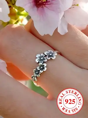 S925 Sterling Silver Vintage Style Flower Design Ring, Fashionable Silver Ring for Women for Party, Daily Clothing Decor, Tre...
