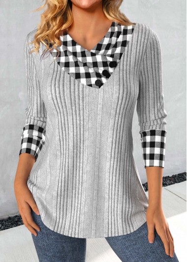 Modlily Light Grey Patchwork Plaid Long Sleeve Sweatshirt - L