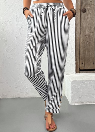 Modlily Black Pocket Striped Straight Leg Elastic Waist Pants - L