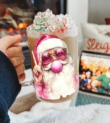 Sip Sip Hooray Christmas 17oz Clear Glass Coffee Mug with Lid and Straw, Reusable, Washable, Ceramic, Christmas Cups 2024 Col...