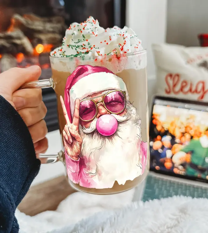 Sip Sip Hooray Christmas 17oz Clear Glass Coffee Mug with Lid and Straw, Reusable, Washable, Ceramic, Christmas Cups 2024 Col...