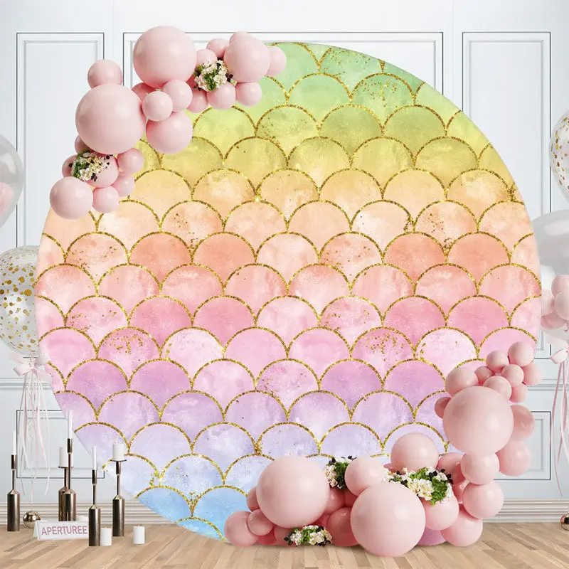 Aperturee Coloerd Glitter Mermaid Round Birthday Backdrop