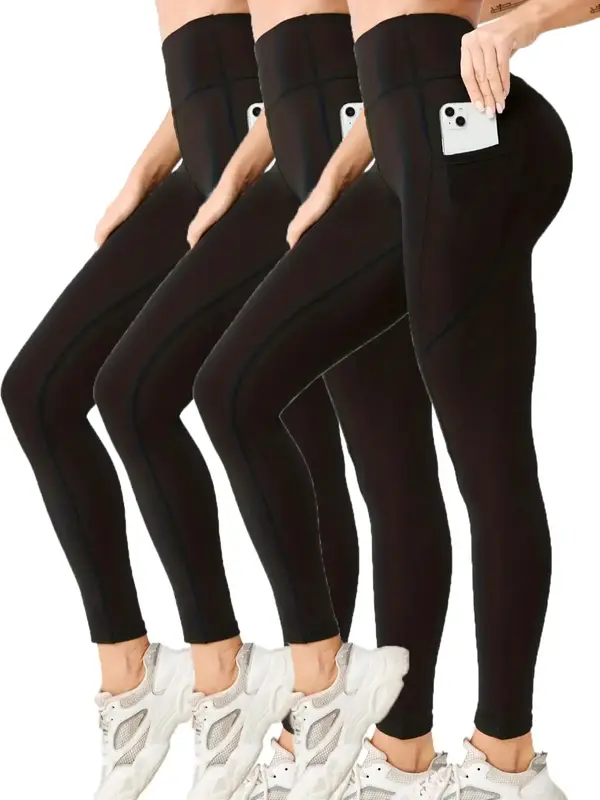 Women's Solid High Waist Pocket Sports Leggings, Sporty Casual Skinny Pants for Yoga Gym Workout Running, Summer Outfits, Wo...