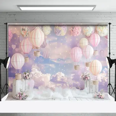 Purple Pink Cloud Hot Air Balloon Cake Smash Backdrop