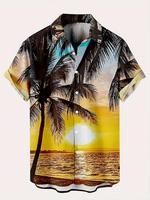 Men's Palm Tree Print Short Sleeve Shirt, Casual Landscape Print Button Top for Summer, Fashion Men's Clothes for Beach Vacat...