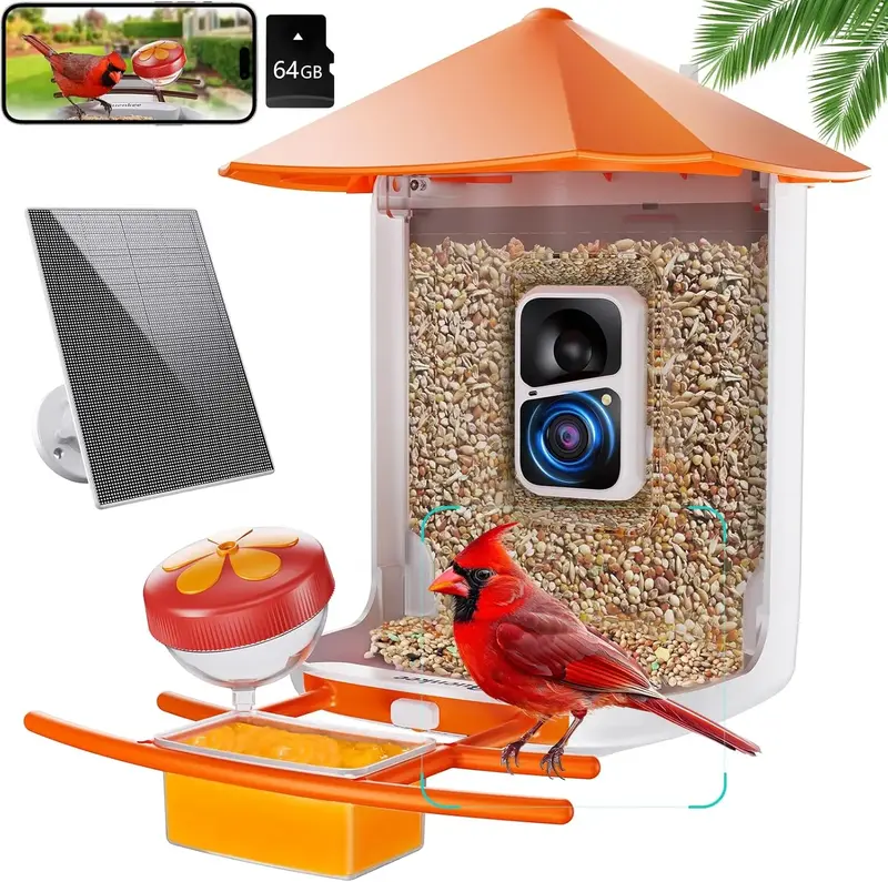 Smart Bird Feeder with Camera, Solar Powered Bird House with AI Identify Bird Species, Auto Capture Birds Video, 1080P HD & 1...