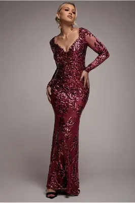 Goddiva Sequin Leaf Long Sleeve Maxi Dress - Burgundy