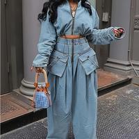 Turn heads with this bold utility-style two-piece set! Featuring oversized pockets, wide-leg pants, and a cinched cropped jac...