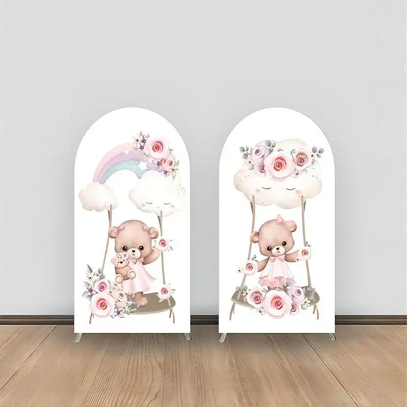 Aperturee Rainbow Floral Swing Bear Baby Shower Arch Backdrop | Wedding Arch Backdrop | Round Arch Backdrop Cover | Diy Round...