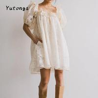 Women Mini Dress Puff Sleeve Square Neck Flower Princess Dress Summer A Line Dress