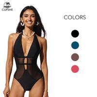 CUPSHE Women's Deep V Neck & Halter Back One Piece Summer Swimsuit Tie Mesh Bathing Suit Casual Beachwear,for Beach,Pool Part...