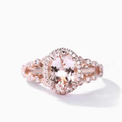 Split Shank Oval Morganite Diamond Halo Engagement Ring Unique